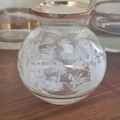 Vintage crystal vases collection with carved design and gold detail, like new, 5 pieces