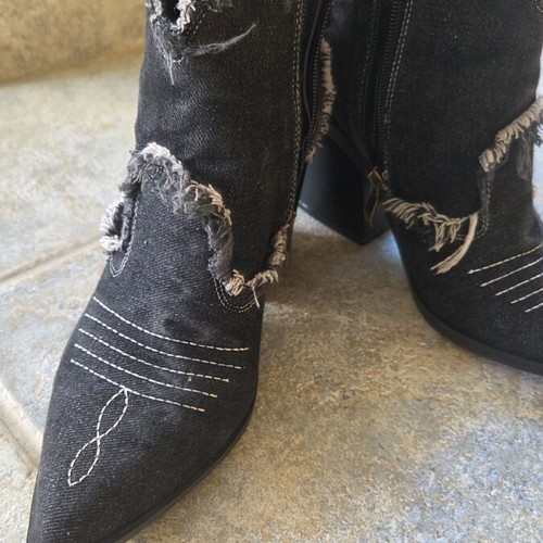 Cowboy boots black denim ankle with zipper, pointed toe, 8cm heel like new
