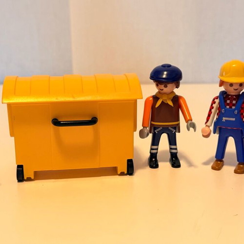 Playmobil yellow and blue trash bins with 3 figures like new