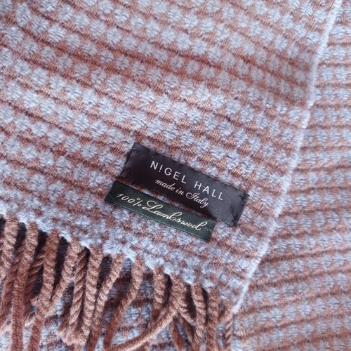 Nigel Hall 100% Lambswool Scarf used with blue and brown stripes