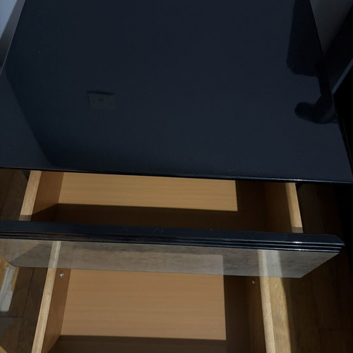 Bedroom furniture set used, includes bed, mattress, storage, nightstands, vanity, mirror