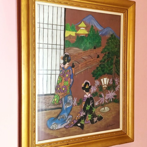 Japanese Landscape with Geishas 1982 by Iro Sianou, like new