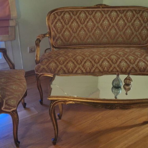 Living room set used with carved details and premium fabric