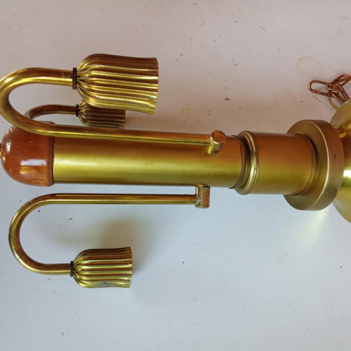 Vintage brass ceiling light with wooden details used, 1970s