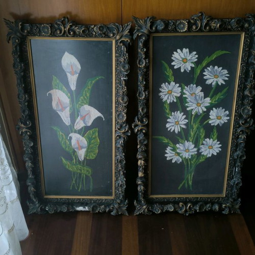 Embroidered frames with handmade woodcarving, set of 2 pieces