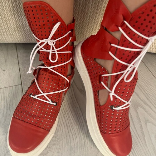 Leather summer boots with holes new, red, size 37