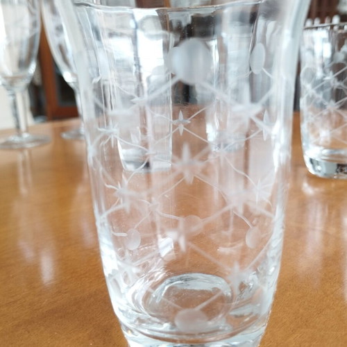 Vintage set of 7 wine and liqueur glasses with floral etching