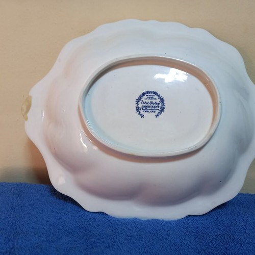 Old Foley Staffordshire cake plate by James Kent used, blue village scene