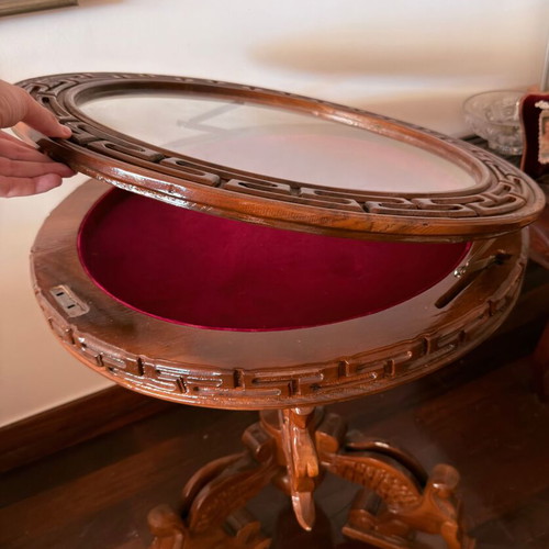Handcrafted carved wooden coffee table with display case