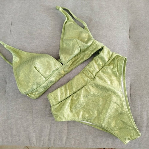 Metallic high-waisted bikini set like new, iridescent green