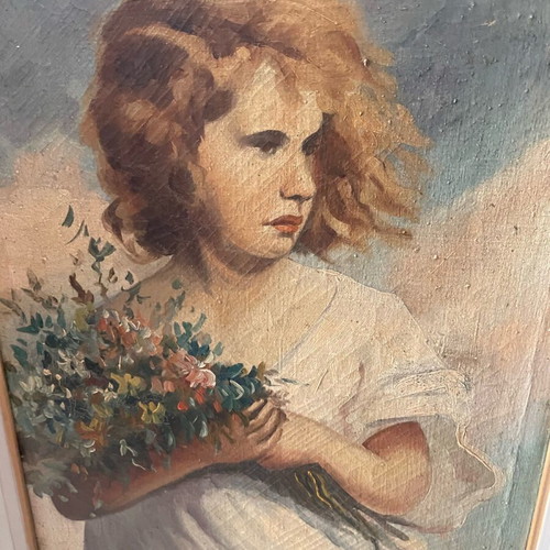 Canvas painting girl with flowers used, very old
