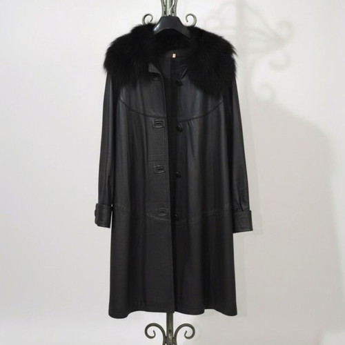 Leather coat long with detachable fur collar like new, black