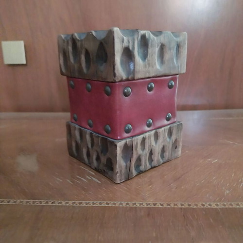 Vintage decorative set mortar and pencil holder made of wood and leather like new