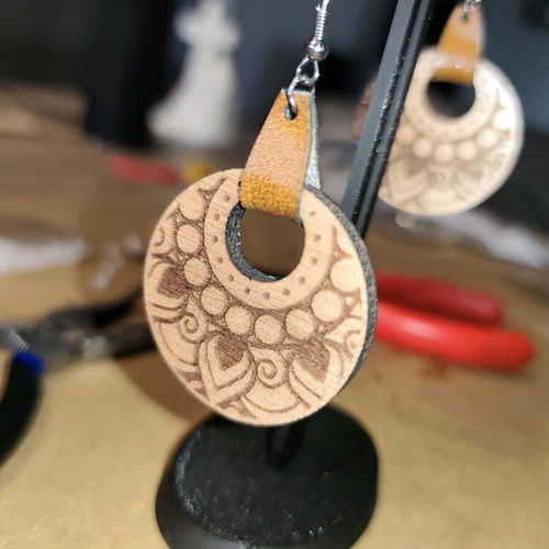 Wooden Mandala earrings with leather detail new