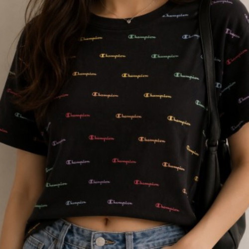 Champion black crop top t-shirt with all-over print, like new, XS/S