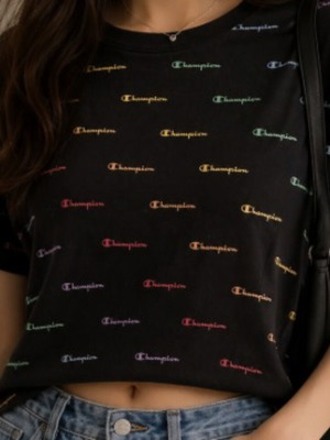 Champion black crop top t-shirt with all-over print, like new, XS/S