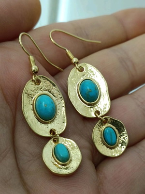 Boho women's earrings with double oval turquoise cabochon stone steel new