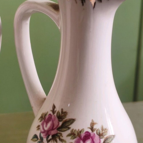 Vintage oil and vinegar cruet set used with porcelain and acacia wood