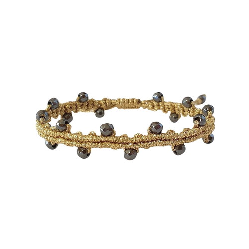 Handmade macrame bracelet with metallic gold cord and hematite stones new