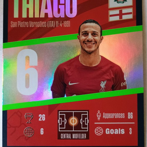 Thiago Alcantara Liverpool FC collectible card used, Panini Top Class 2023