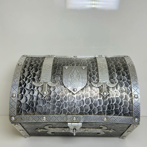 Metal Storage Chest used, Gothic style with medieval symbols