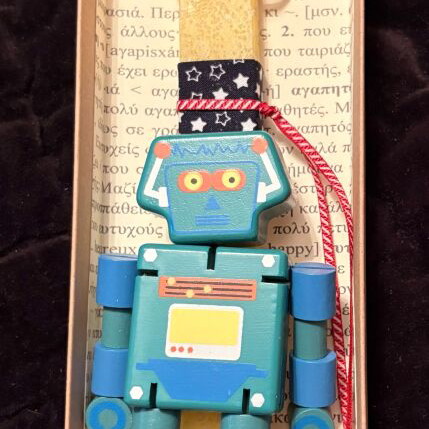 Easter candle with wooden robot figure new