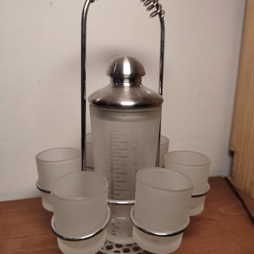 Vintage cocktail shaker set with frosted glass and metal stand like new