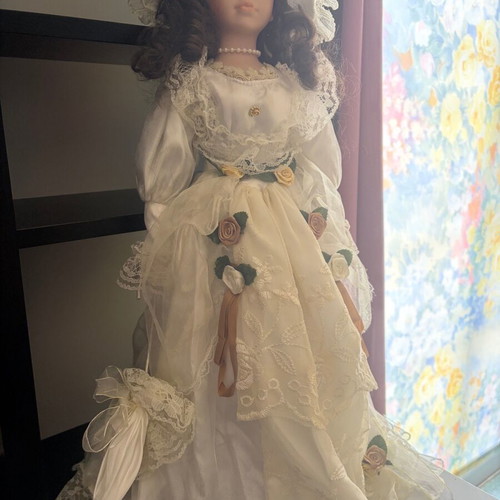 Porcelain doll tall with hat and parasol like new