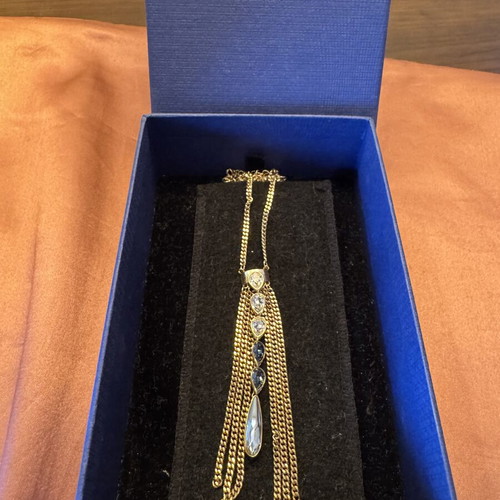 Swarovski Gold-Tone Crystal Tassel Necklace with Swan Logo and Box