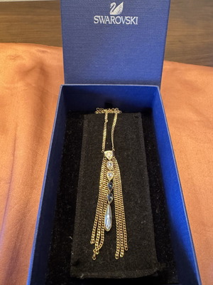 Swarovski Gold-Tone Crystal Tassel Necklace with Swan Logo and Box