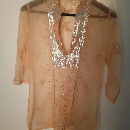 Sheer blouse with sequins, salmon color, 3/4 sleeve