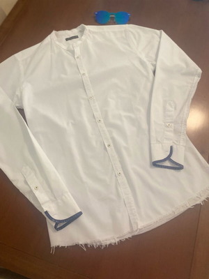 Noveseisei White Mao Collar Shirt with Blue Cuff Detail, Size S