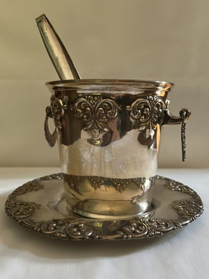 Vintage silver-plated ice bucket with tongs