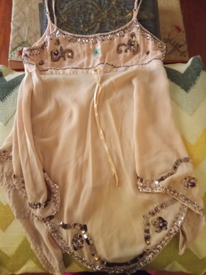 Crepe off-shoulder blouse embroidered with sequins refurbished, beige