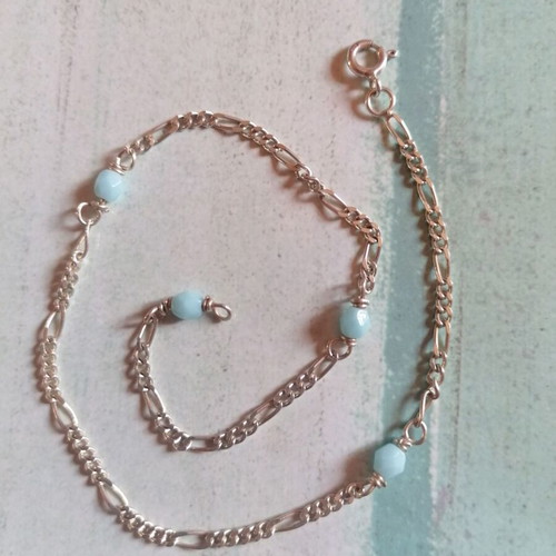 925 Silver Anklet with Figaro Chain and Turquoise Beads new