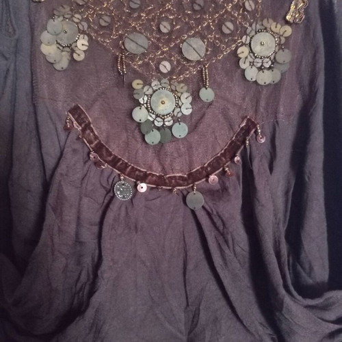 Vintage Y2K Vicky K Boho Top brown with embroidered coins and back tie, like new