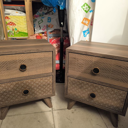 Walnut nightstands with pattern, set of 2