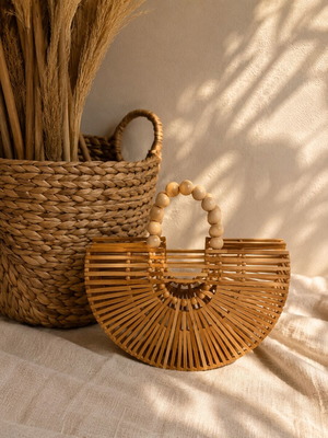 Ξύλινη bamboo boho τσάντα χειρός καινούργια, καλοκαιρινό αξεσουάρ