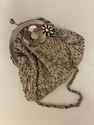 Satin bag with embroidered beads like new, hand bag Achilleas Accessories gray silver