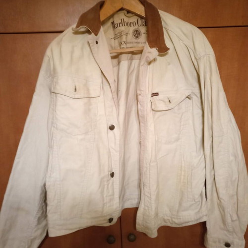 Marlboro Classics denim jacket used, size Large, beige with leather collar