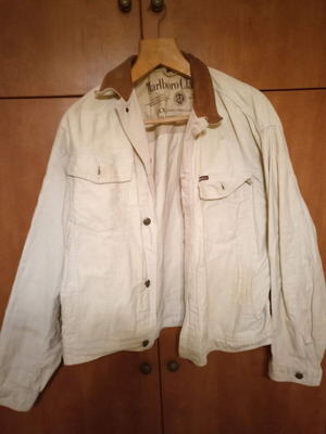 Marlboro Classics denim μπουφάν μεταχειρισμένο με δερμάτινο καφέ γιακά, μέγεθος Large, εκρού/μπεζ