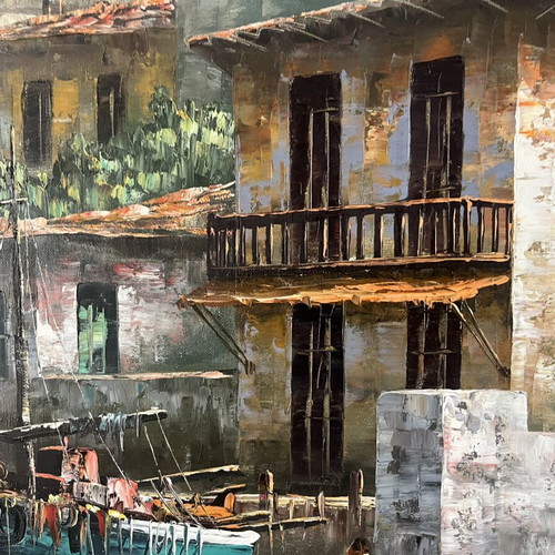 Large oil painting with palette knife, Greek seaside landscape by Dimas