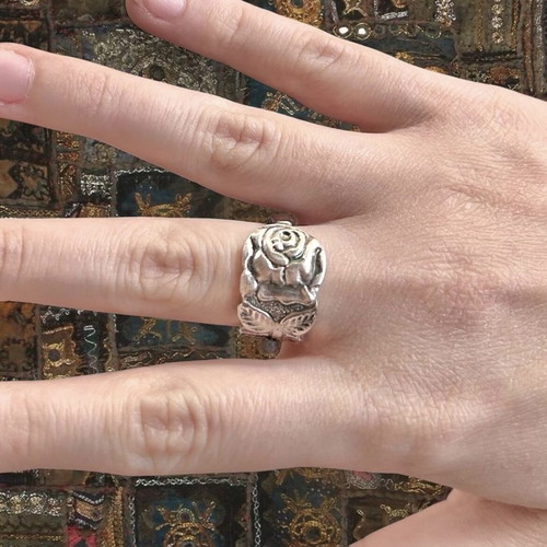 Handmade rose flower ring refurbished, silver plated silverware