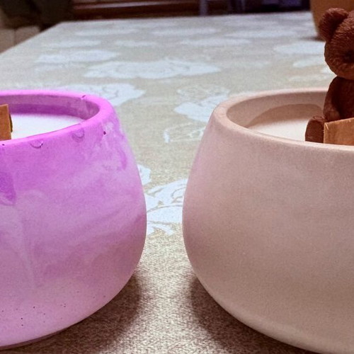 Handmade candle with teddy bear in plaster jar new