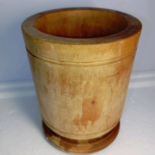Wooden mortar used without pestle, height 18cm