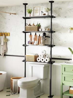 Telescopic bathroom shelf over toilet, 4 tiers, 49–79 cm x 122–315 cm, black
