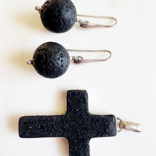 Vintage silver cross and lava stone earrings set with mother of pearl