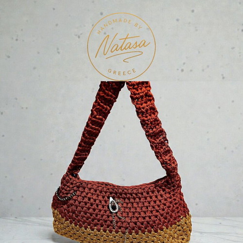 Handmade knitted shoulder bag in red and mustard colors, new