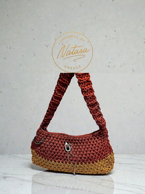 Handmade knitted shoulder bag in red and mustard colors, new