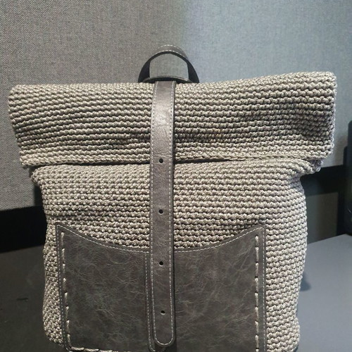 Handmade backpack bag new, knitted with gray leather details